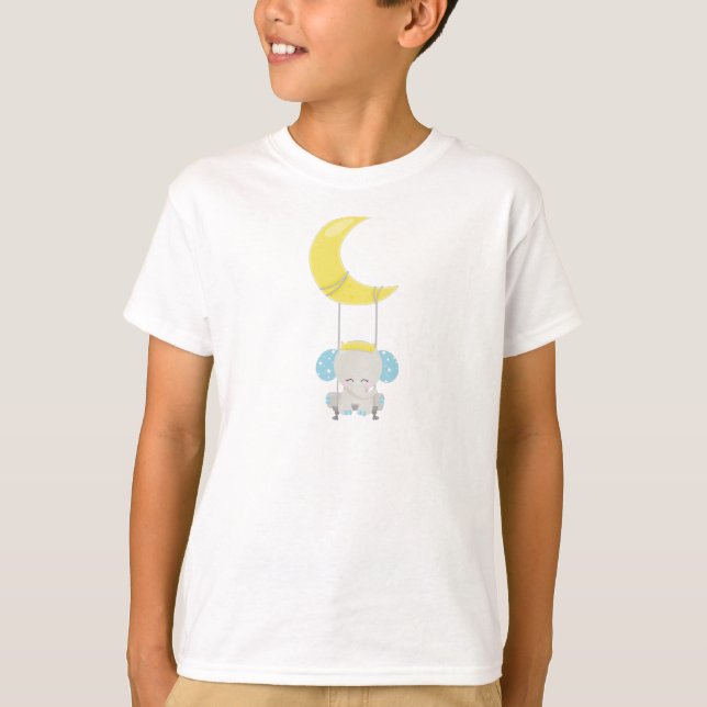 Camiseta Elefante Bonito, Elefante Em Um Swing, Coroa, Lua (Frente)