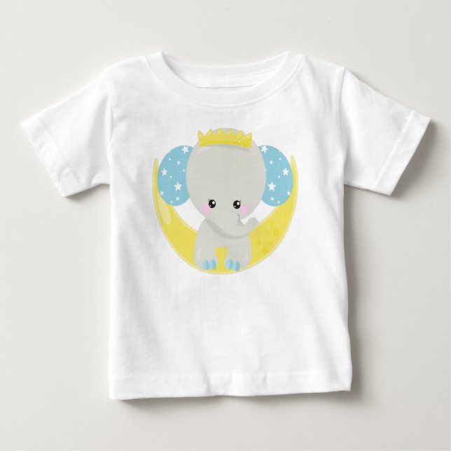 Camiseta Elefante Bonito, Elefante Na Lua, Coroa, Estrelas (Frente)