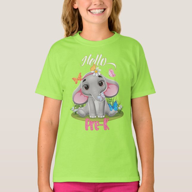 Camiseta Elefante Butterfly Pré-K 1rua dia de volta à escol (Frente)