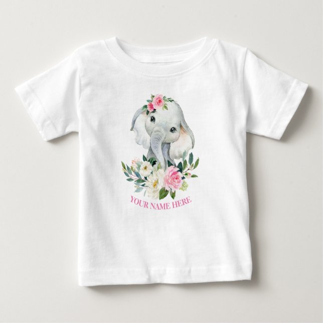 Camiseta Elefante Cinto e primeiro aniversario Floral Rosa  (Frente)