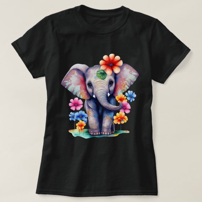 Camiseta Elefante Colorido com Flores (Frente do Design)