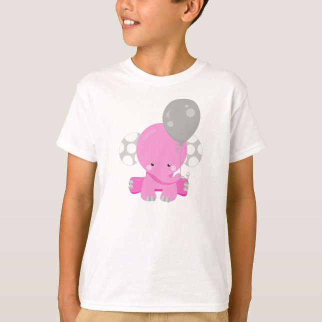 Camiseta Elefante Com Balão, Elefante Cor-De-Rosa, Animal G (Frente)