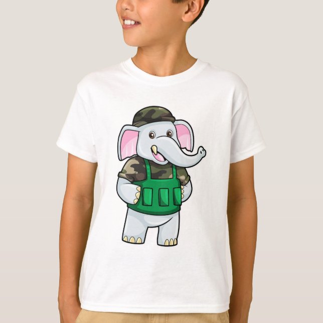 Camiseta Elefante como Soldado com Uniforme e Capacete (Frente)