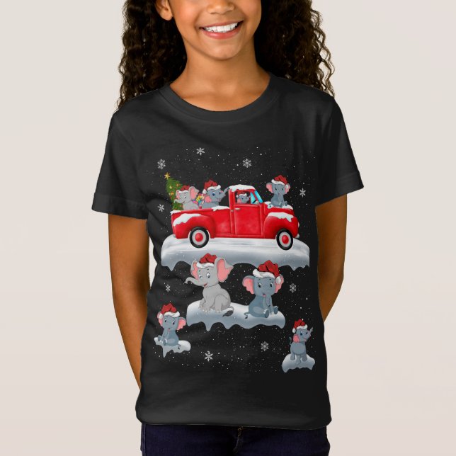 Camiseta Elefante Condutor de Árvore de Natal Elefante Verm (Frente)