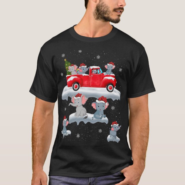 Camiseta Elefante Condutor de Árvore de Natal Elefante Verm (Frente)