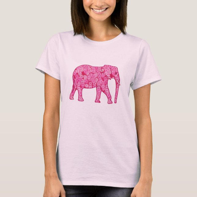 Camiseta Elefante da flor - rosa do fúcsia (Frente)