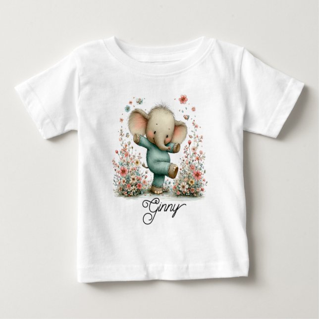 Camiseta Elefante Dançante Fofo em Flores Silvestres (Frente)