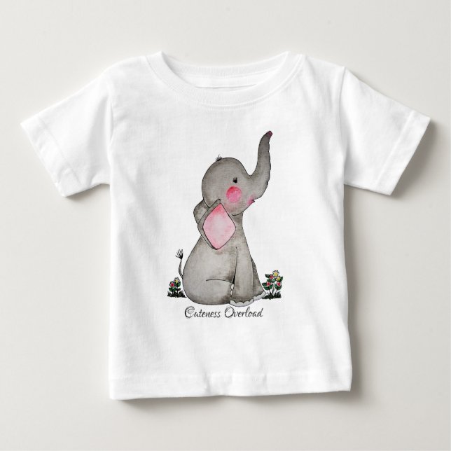 Camiseta Elefante De Bebê Cuta De Aquarela Com Blush E Flor (Frente)