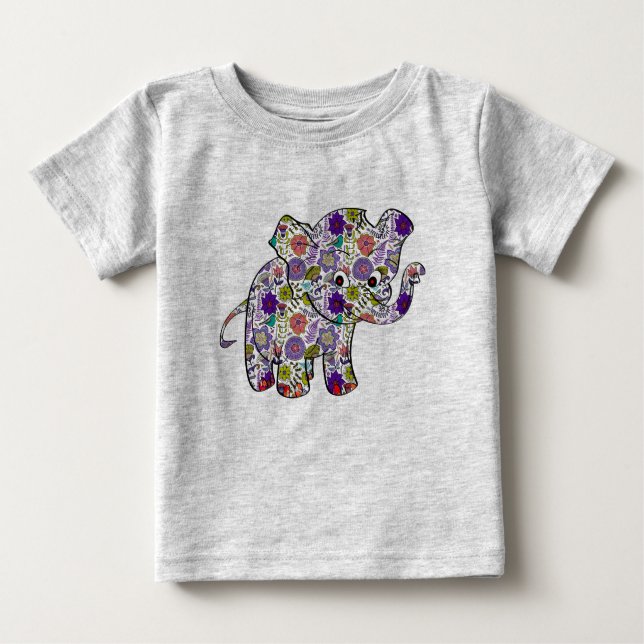 Camiseta Elefante De Bebê Floral Colorido E Bonito (Frente)