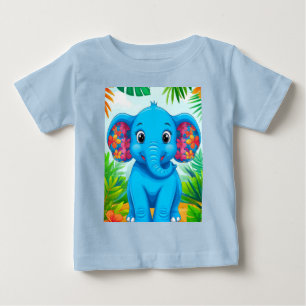 Camiseta Elefante de Desenho Animado Azul Vibrante na Selva