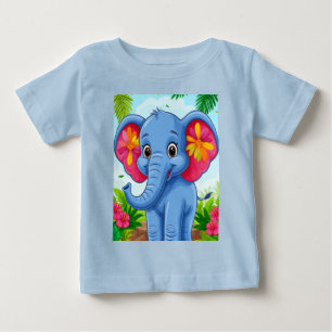Camiseta Elefante de Desenho Animado Azul Vibrante na Selva