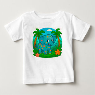 Camiseta Elefante de Desenho Animado Colorido em Paisagem T