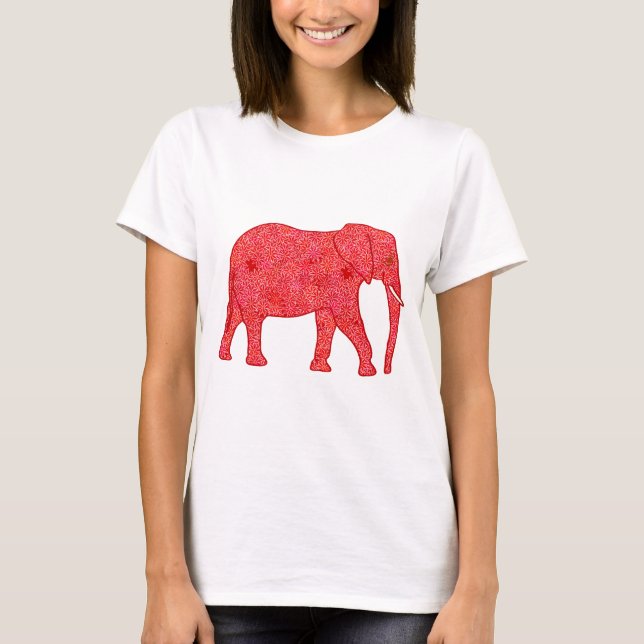 Camiseta Elefante de flor - vermelho profundo e coral (Frente)