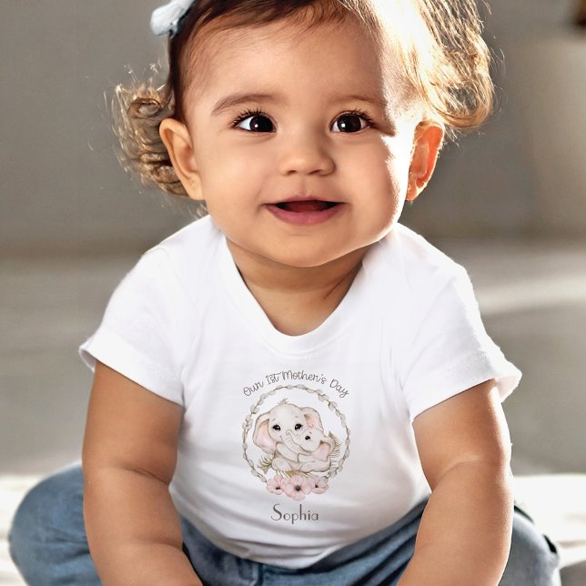Camiseta Elefante de Primeira Dia de as mães Personalizado (First Mother's Day Girl Elephant Personalized Baby T-Shirt)