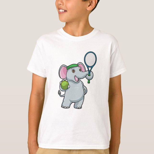 Camiseta Elefante em Tênis com Tênis de raquete e esfera (Frente)