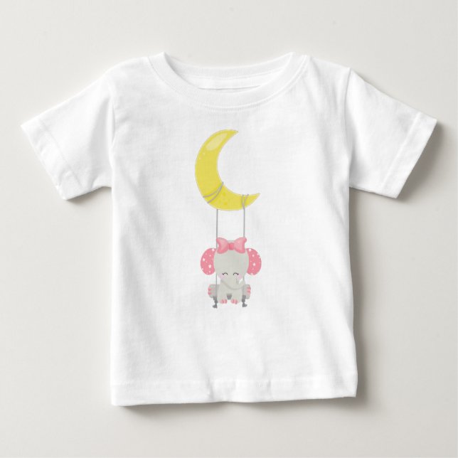 Camiseta Elefante Em Um Swing, Elefante Bonito, Coroa, Lua (Frente)