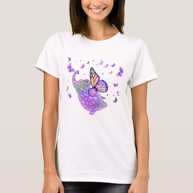 Camiseta Elefante Engraçado de Camisa-T Voando com Borbolet (Frente)