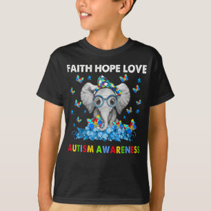 Camiseta Elefante Fé Esperança Ama Consciência do Autismo