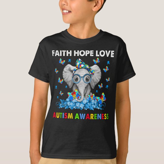 Camiseta Elefante Fé Esperança Ama Consciência do Autismo (Frente)