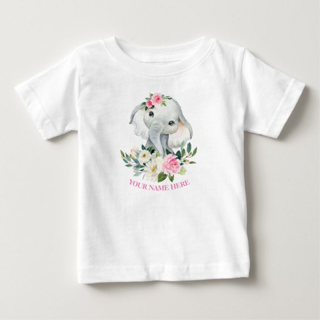 Camiseta Elefante Fofo e Flores Rosa Bege para 1º aniversár (Frente)