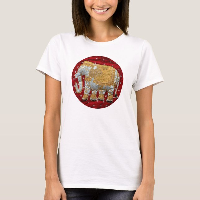 Camiseta Elefante Indígena Vermelho e Dourado embelezado (Frente)