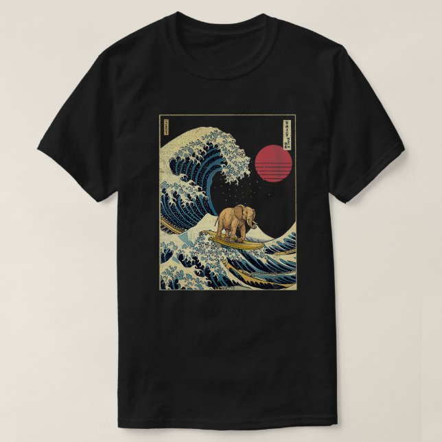 Camiseta Elefante Kanagawa Wave Surf Engraçado (Frente do Design)