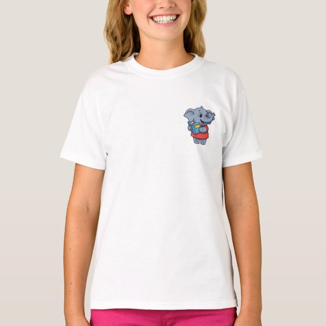 Camiseta Elefante Lendo Livro Azul para Crianças (Frente)