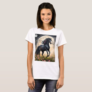 Camiseta Elegância Lunar: Cavalo Fantasia Preto com Lua 