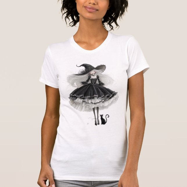 Camiseta Elegant Black Witch – Gothic Watercolor Art (Frente)