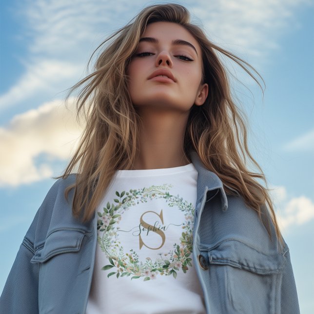 Camiseta Elegant Botanical Monogram with Custom Name (Criador carregado)