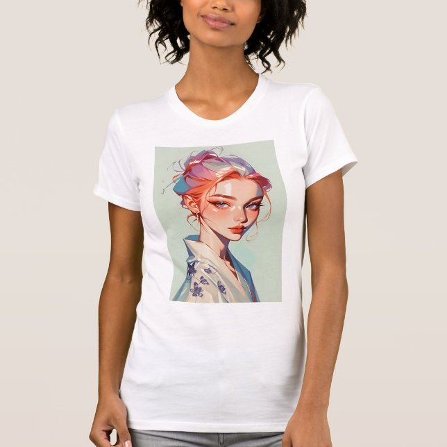 Camiseta Elegant Kimono Girl Aesthetic Anime Portrait T-Shi (Frente)