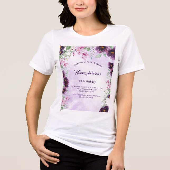 Camiseta Elegant Purple Floral Birthday Invitation (Frente)