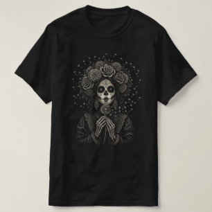 Camiseta Elegante Arte Floral de La Catrina Esqueleto