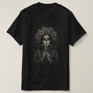 Camiseta Elegante Arte Floral de La Catrina Esqueleto