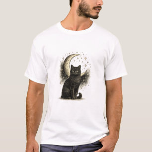 Camiseta Elegante Arte Mística de Gato Preto Celestial