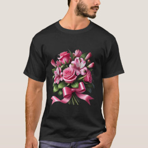 Camiseta Elegante Buquê de Rosa e Lírio Rosa com um Arco Fo