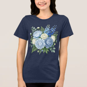 Camiseta Elegante Buquê Floral de Peônia Azul em Desenho de