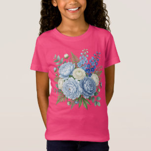 Camiseta Elegante Buquê Floral de Peônia Azul em Design Aqu