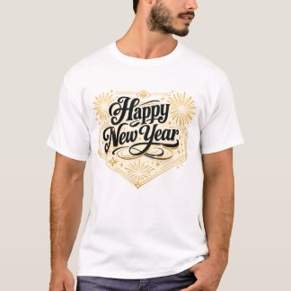 Camiseta Elegante Celebração Festiva de Ano Novo em Dourado