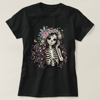 Camiseta Elegante Día de los Muertos Menina Caveira de Açúc