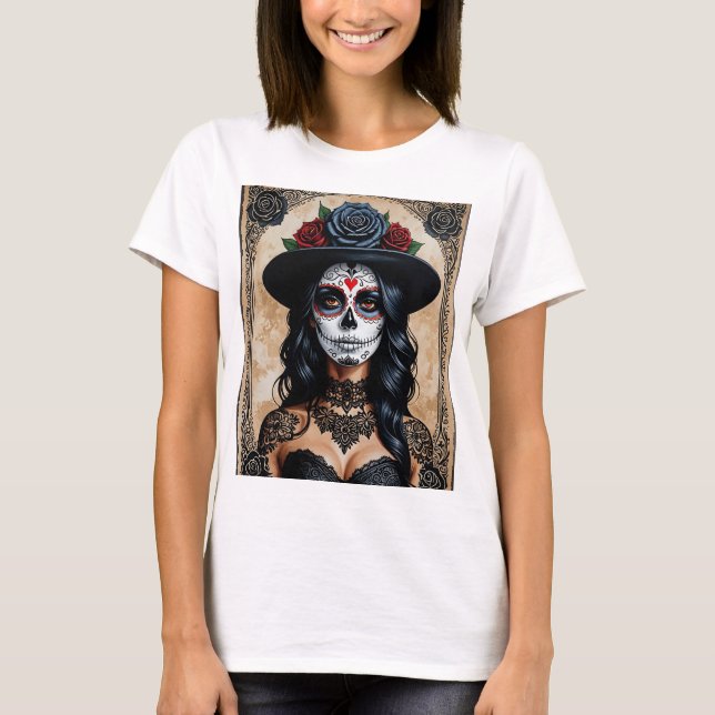 Camiseta Elegante Dia do Crânio Gótico do Tee Morto (Frente)