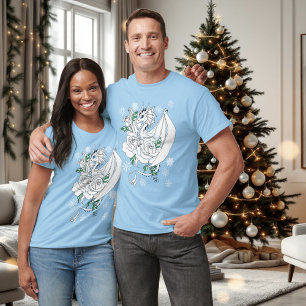 Camiseta Elegante Dragão de Gelo Branco Rosas Azuis Fantasi