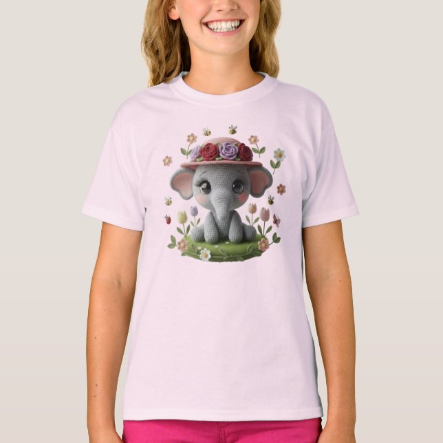Camiseta Elegante Elefante de Crochê da Primavera  (Frente)