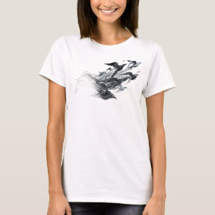 Camiseta Elegante Estampa de Aves Abstratas Prateadas de Mo