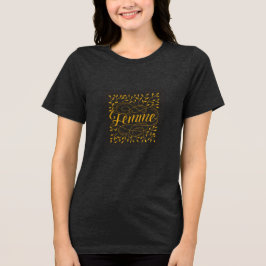 Camiseta Elegante Femme Francesa Caligrafia Botânica Dourad