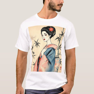 Camiseta Elegante Geisha com Padrões de Bambu e Tinta