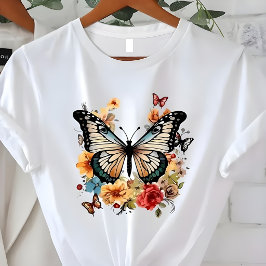 Camiseta Elegante Gráfico Floral de Borboleta da Natureza