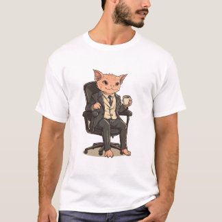 Camiseta Elegante Hairless Business Cat com café - escritór