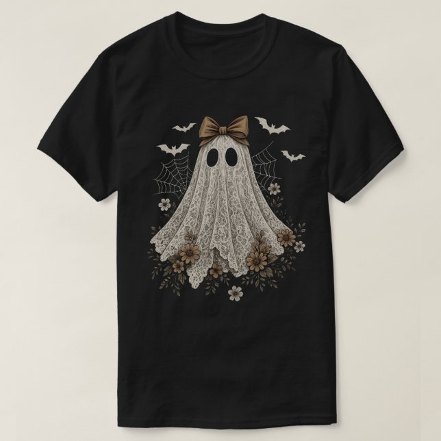 Camiseta Elegante Lace Ghost com Arco | Floral Ghost (Frente do Design)