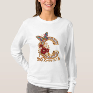 Camiseta Elegante letra "C" dourada adornada com flores par